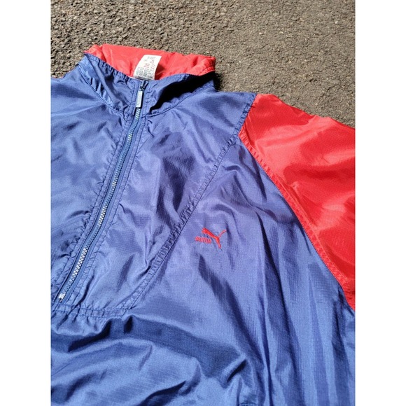 Vintage Puma Nylon Rain Jacket Mens XL Blue Red Hooded Vented Running 1/4 Zip - Picture 3 of 9